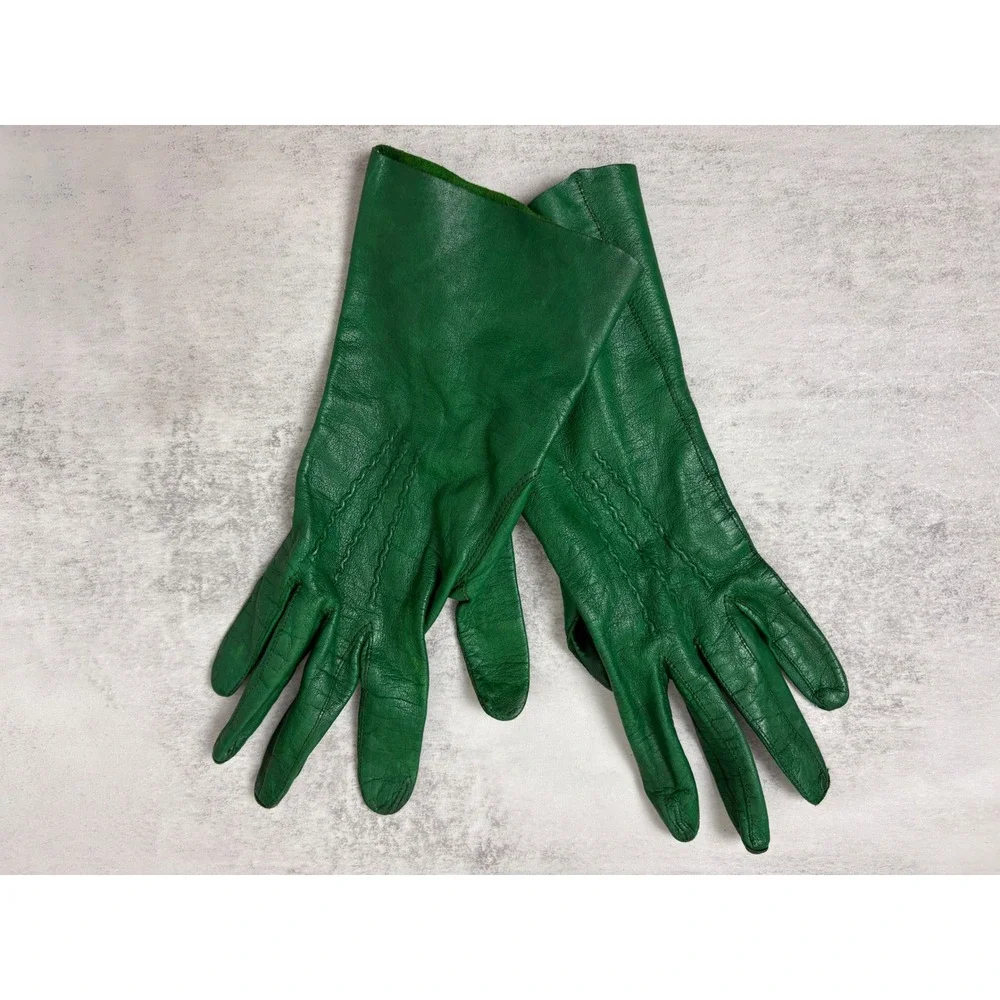 Vintage Emerald Green Leather Gloves Women's Long Wrist Driving Opera Mod Retro